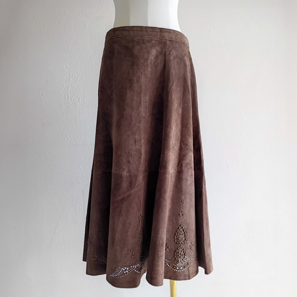 Chico's Brown Suede Midi Skirt Laser Cut Hem Size 2